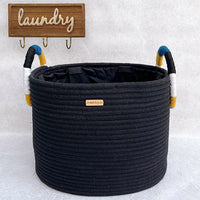Black Organic Cotton Laundry Basket With Colorful Coiling Handle (16