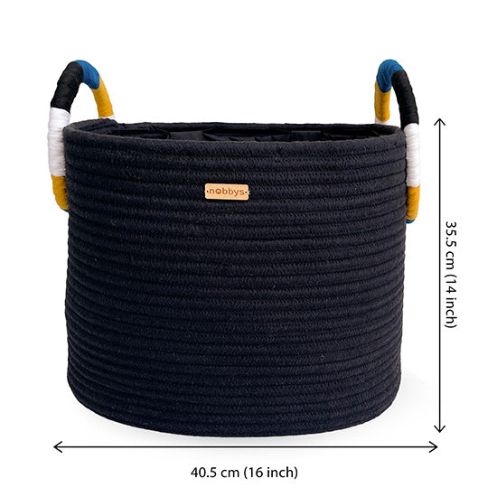 Black Organic Cotton Laundry Basket With Colorful Coiling Handle (16"Dia x 14"Height) - 45 Litres Nobbys