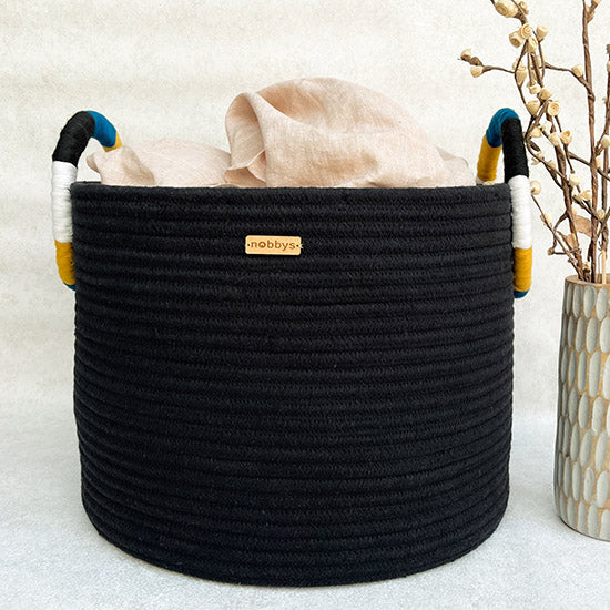 Black Organic Cotton Laundry Basket With Colorful Coiling Handle (16"Dia x 14"Height) - 45 Litres Nobbys
