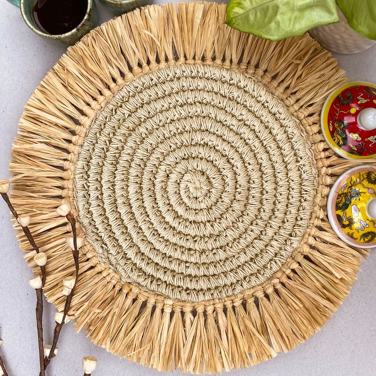 Bleached Jute Crochet Placemat With Natural Raffia Fringes Nobbys