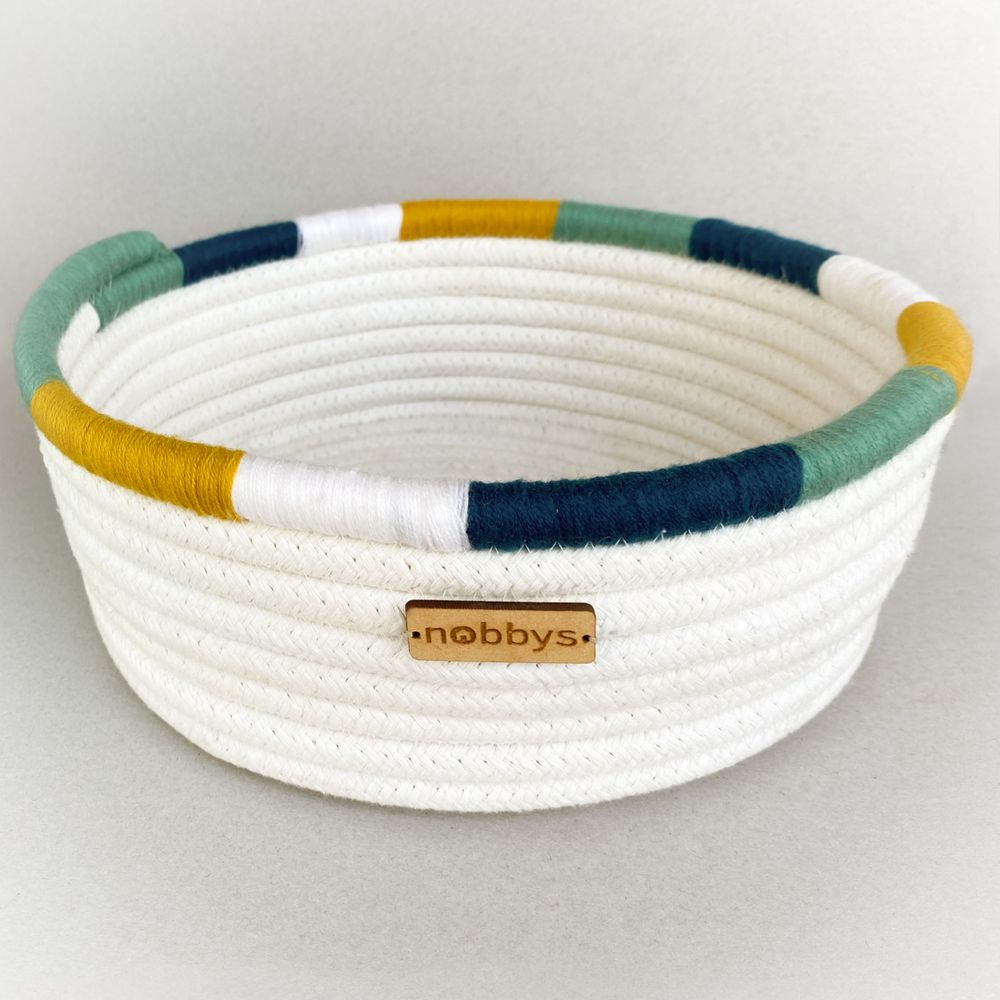 Cotton Storage Basket With Mustard-Mint Embroidery (10" Dia x 4" Height) Nobbys