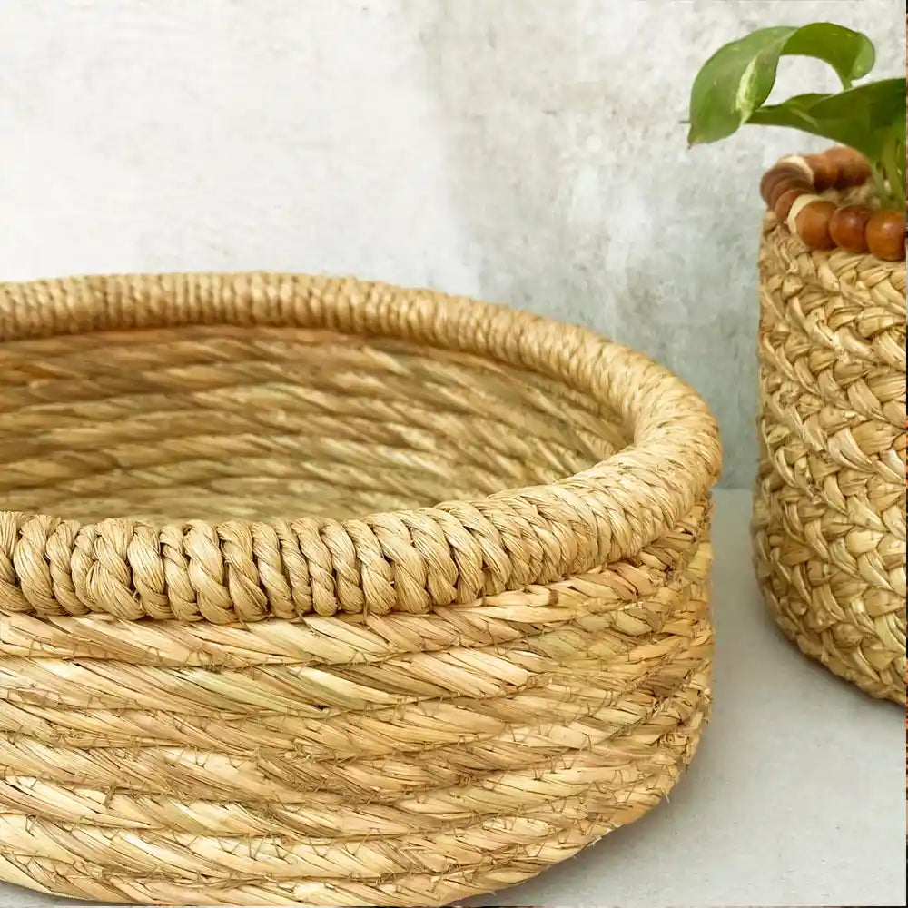 Golden Grass Storage Basket With Moonj Coiled Edge (10" Dia x 4" Height)