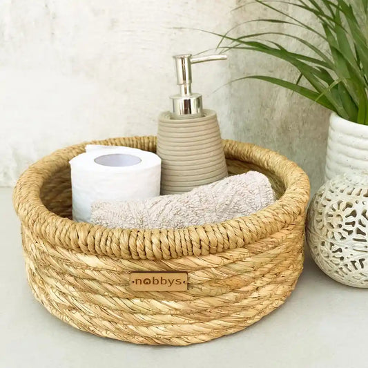 Golden Grass Storage Basket With Moonj Coiled Edge (10" Dia x 4" Height)