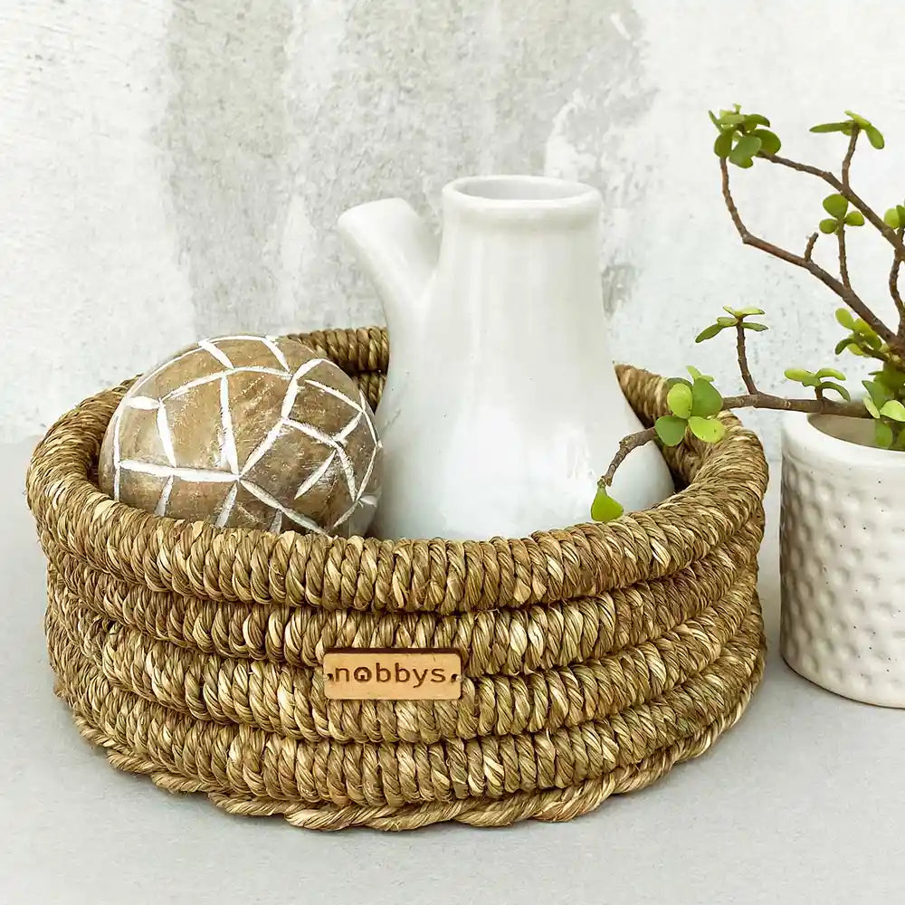 Hand-coiled Seagrass Storage Basket (10" Dia x 4" Height)