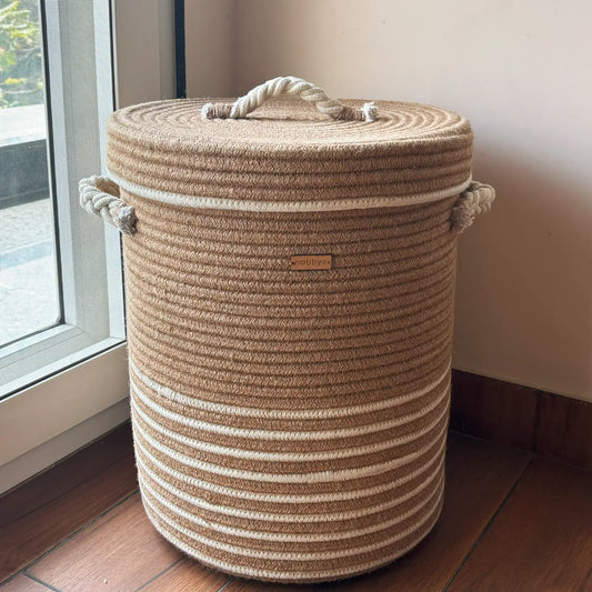 Jute & Cotton Laundry Basket With Lid and Bottom Spacers