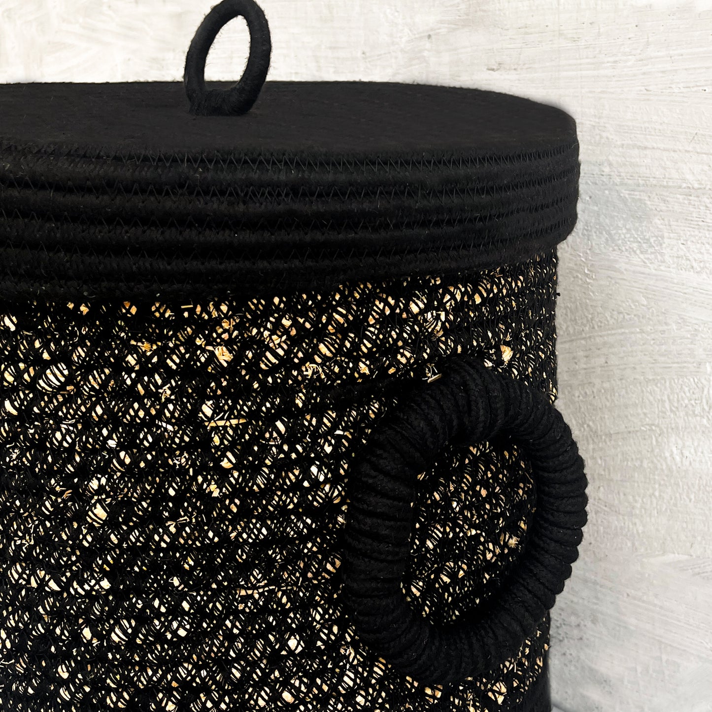 Golden-textured Black Laundry Basket with Lid and Bottom Spacers