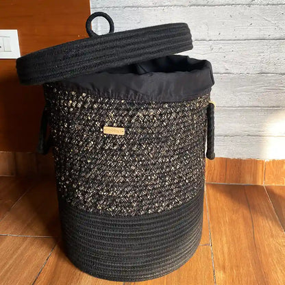 Golden-textured Black Laundry Basket with Lid and Bottom Spacers (2024 Edition)
