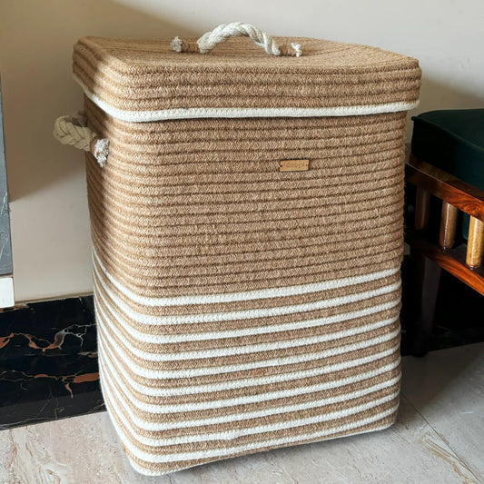 Rectangular Jute Laundry Basket with Lid and Bottom Spacers - 60 Litres