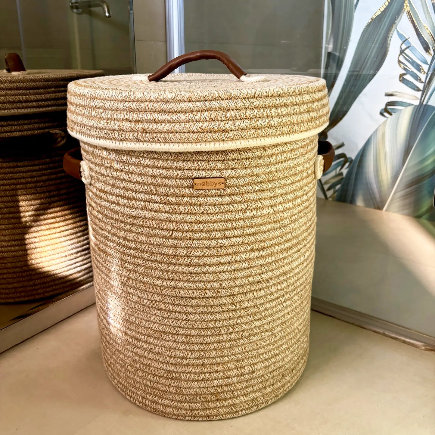 Ivory Laundry Basket with Leather Handles and Bottom Spacers