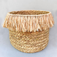 Multipurpose Golden Grass Braided Basket With Raffia Fringes (12