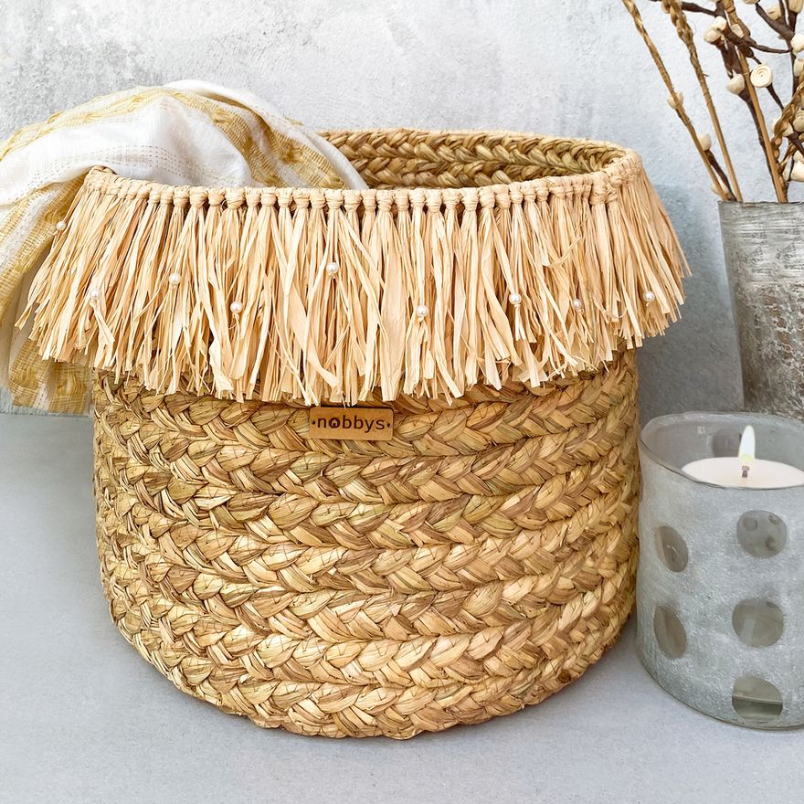 Multipurpose Golden Grass Braided Basket With Raffia Fringes (12" Dia x 10" Height) Nobbys
