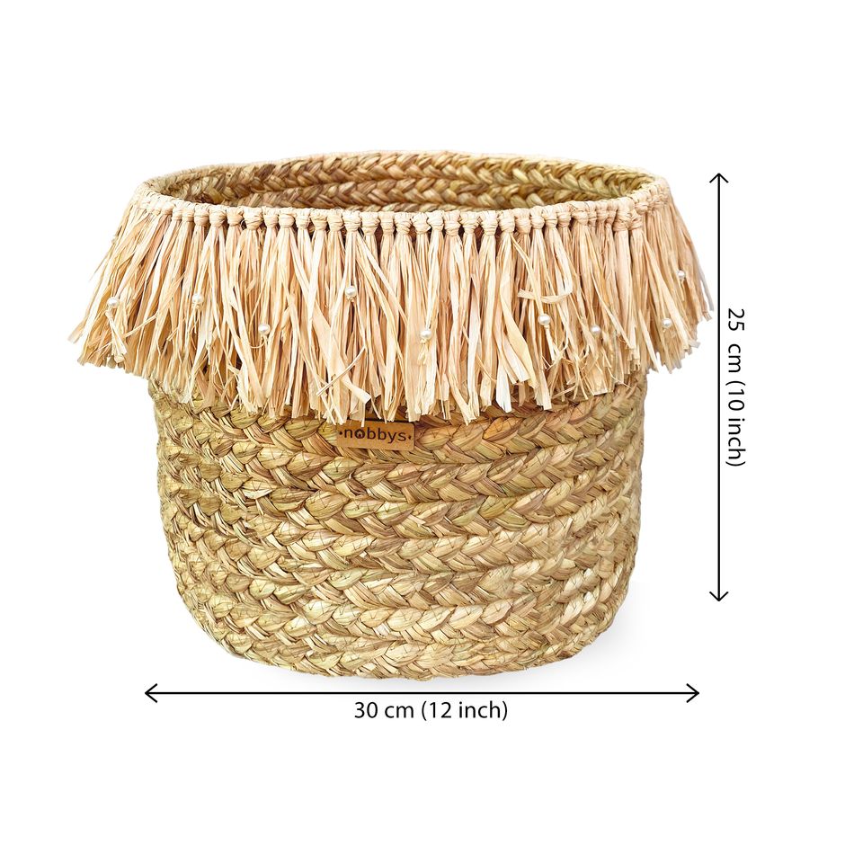 Multipurpose Golden Grass Braided Basket With Raffia Fringes (12