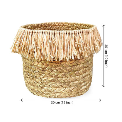 Multipurpose Golden Grass Braided Basket With Raffia Fringes (12" Dia x 10" Height) Nobbys