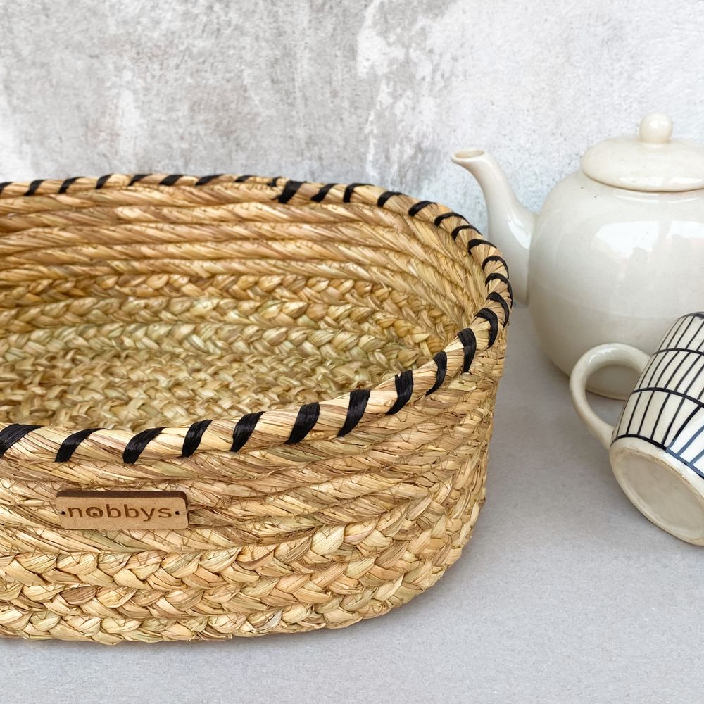 Oval Black Raffia Coiled Golden Grass Storage Basket (11