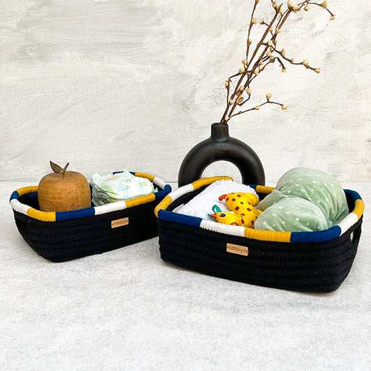 [Set of 2] Black Rectangular Storage Basket With Colourful Embroidery Nobbys