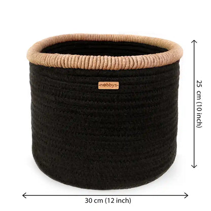 Black Cotton Multipurpose Basket With Jute Coiling (12"Dia x 10" Height)